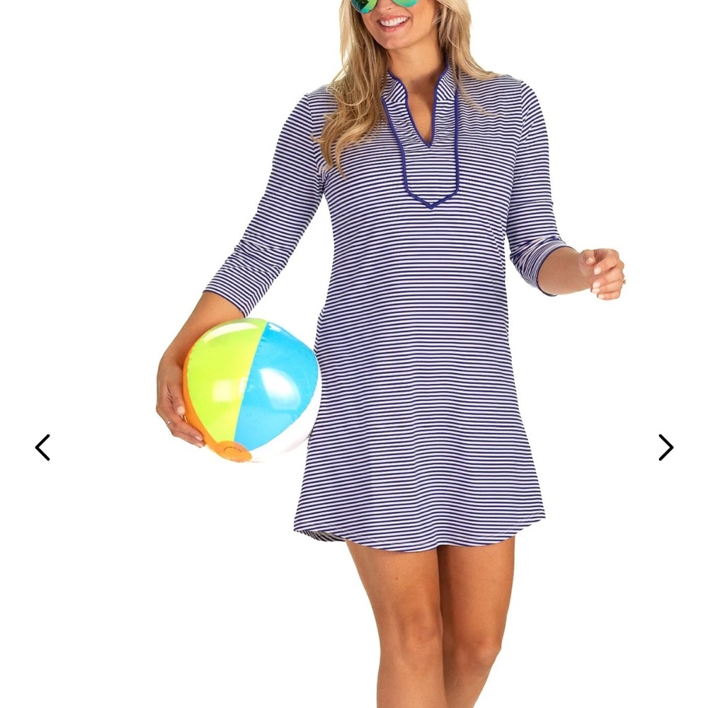 NWT Duffield Lane Mia dress blue pinstripe UPF 50